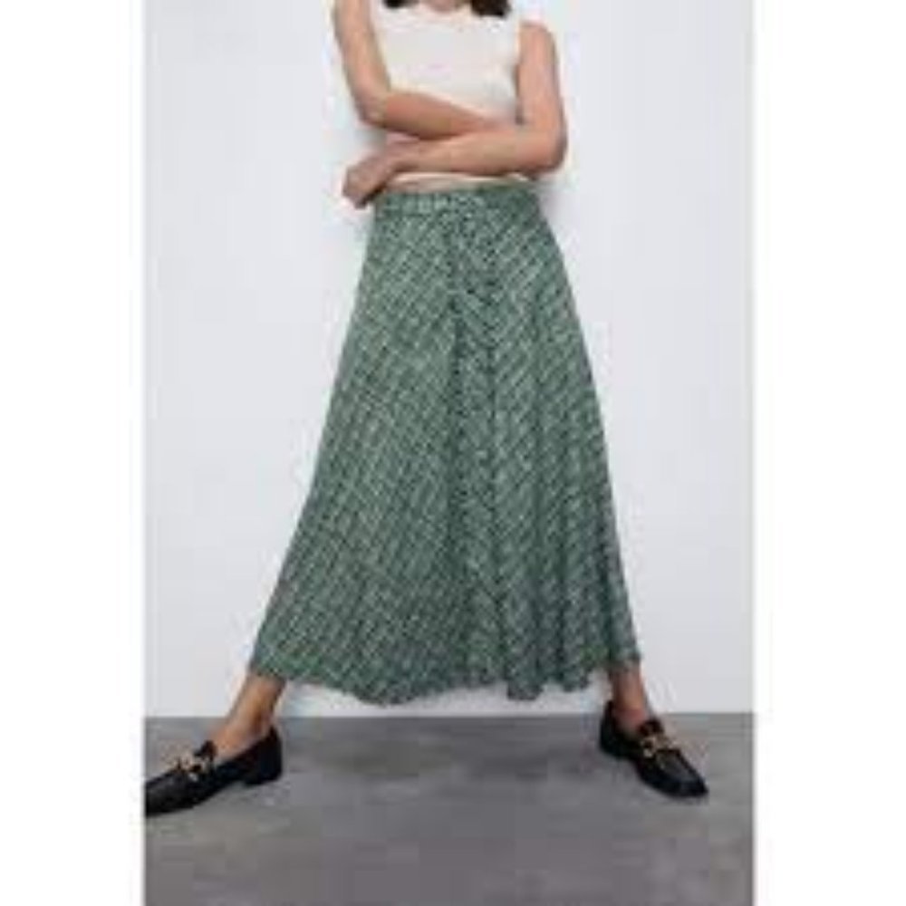 Zara Tweed Midi Skirt High Waisted Button Down Long Maxi Preppy Knit Plaid, S